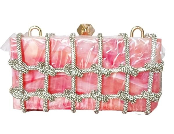 Elegant Rhinestone-Encrusted Acrylic Box Clutch with Pink Crystal Lattice and Orange Marble Design