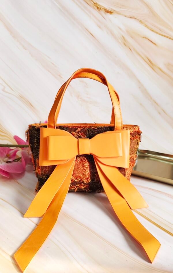 Stylish Denim Handbag with Leatherette Orange Bow – Casual Chic Clutch - Image 4