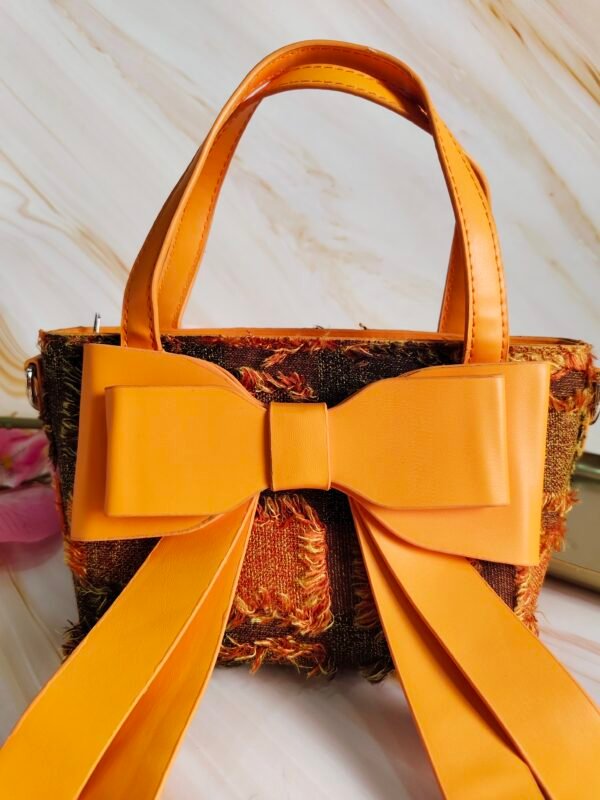 Stylish Denim Handbag with Leatherette Orange Bow – Casual Chic Clutch - Image 3