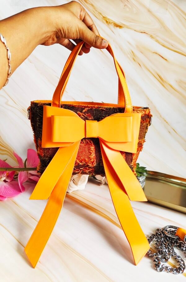 Stylish Denim Handbag with Leatherette Orange Bow – Casual Chic Clutch - Image 2