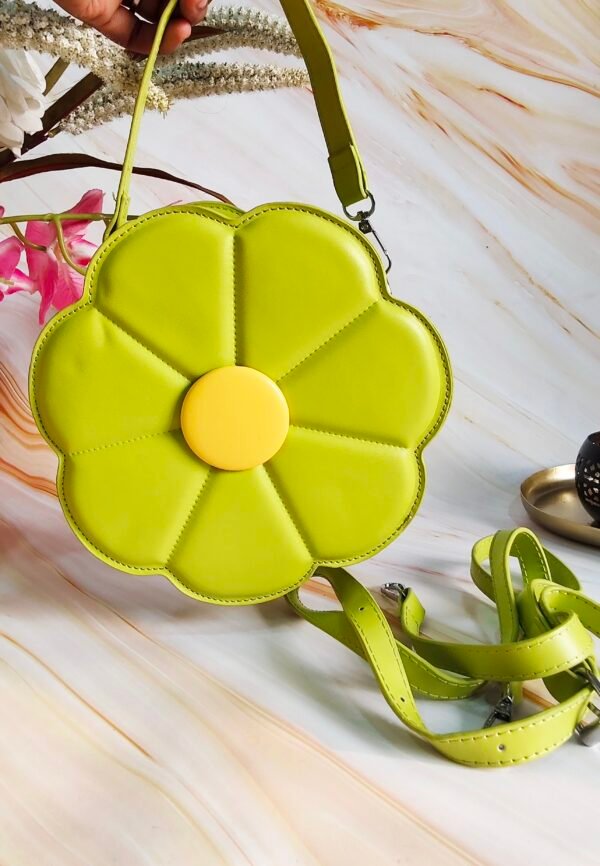 Elegant Green Flower-Shaped Leatherette Handbag with Sling Strap – Unique Statement Bag for Women - Image 6