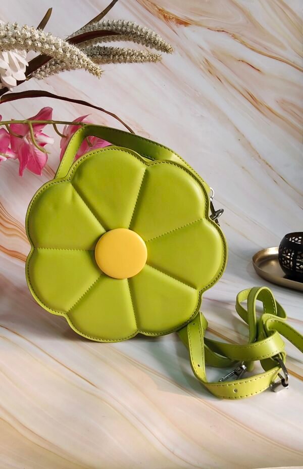 Elegant Green Flower-Shaped Leatherette Handbag with Sling Strap – Unique Statement Bag for Women - Image 7
