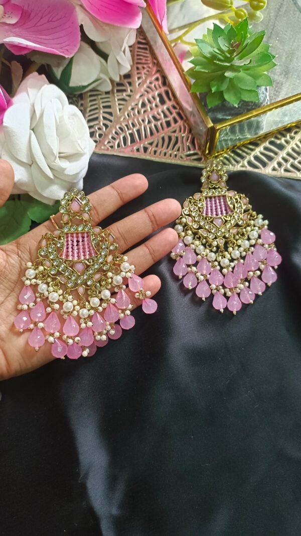 Regal Kundan, Crystal, and Pearl Chandbali Earrings - Image 9