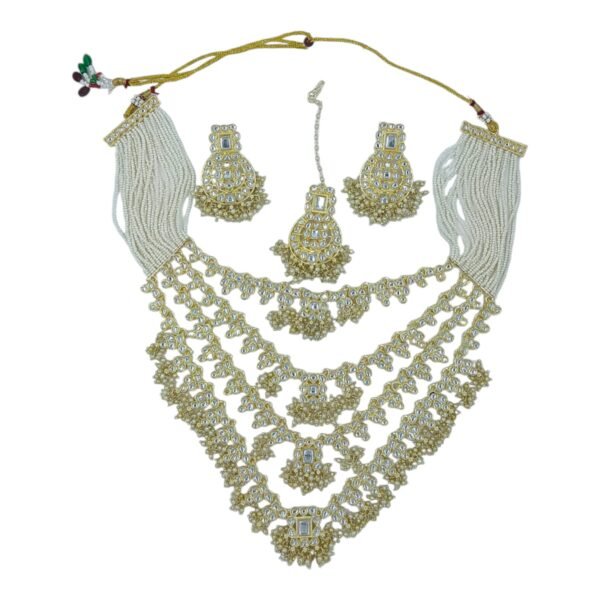 Bridal Layered Kundan & Pearl Long Necklace Set with Matching Earrings & Maangtika - Image 5