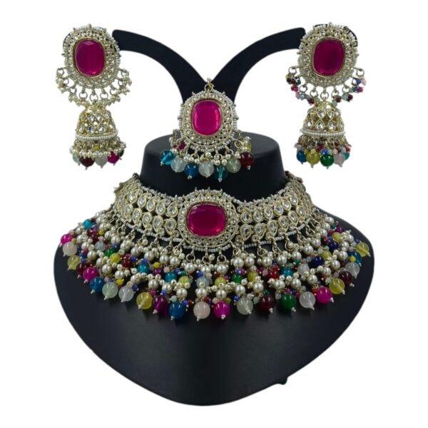 Stunning Multicolor Kundan Choker Set with Matching Earrings & Maangtika
