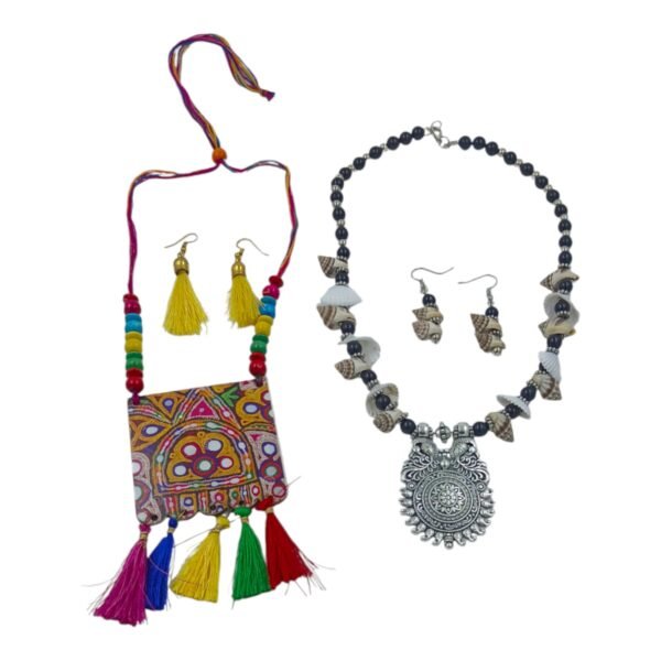 Combo of Multicolor Fabric Necklace Set & Oxidized Necklace Set with Sea Shells