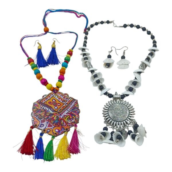 Combo of Multicolor Fabric Necklace Set & Oxidized Necklace Set with Sea Shells