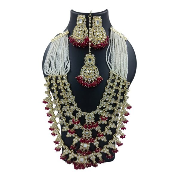 Bridal Layered Kundan & Pearl Long Necklace Set with Matching Earrings & Maangtika