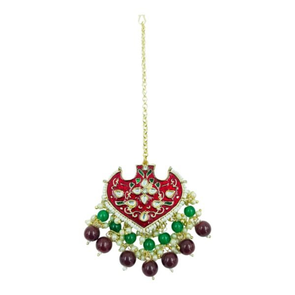 Beautiful Meenakari Pearl Earrings with Matching Maang Tikka - Image 8