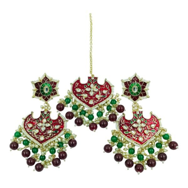 Beautiful Meenakari Pearl Earrings with Matching Maang Tikka - Image 6