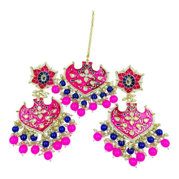 Beautiful Meenakari Pearl Earrings with Matching Maang Tikka - Image 2