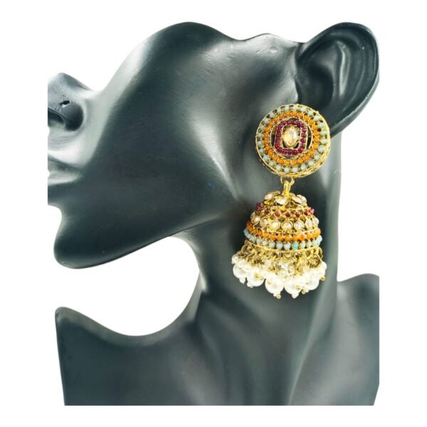 Colorful Kundan Jhumki Earrings with Matching Maang Tikka - Image 3