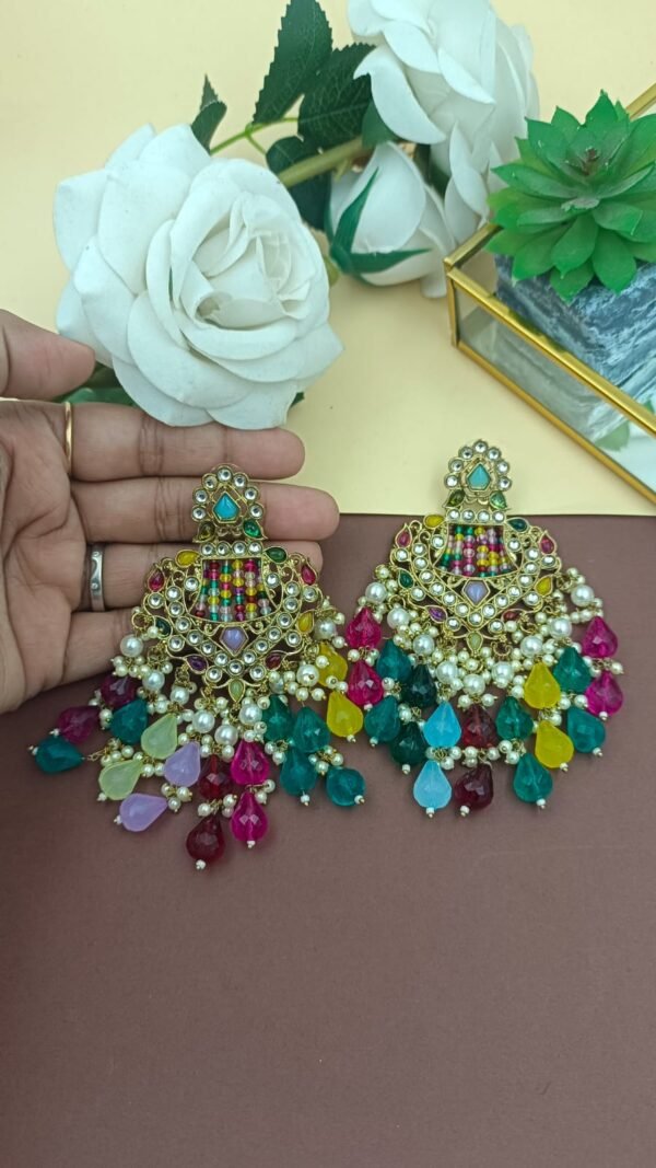 Regal Kundan, Crystal, and Pearl Chandbali Earrings - Image 4