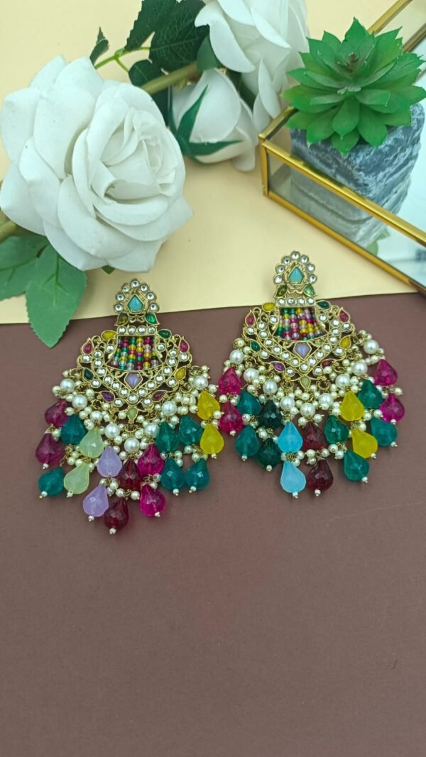 Regal Kundan, Crystal, and Pearl Chandbali Earrings - Image 3