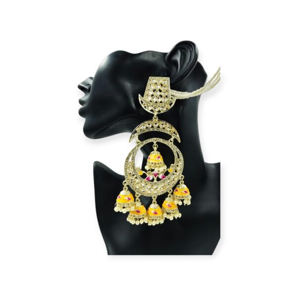 Exquisite Long Meenakari Mirror Kundan Crystal Chandbali with Jhumkis and Hair Chain - Image 9