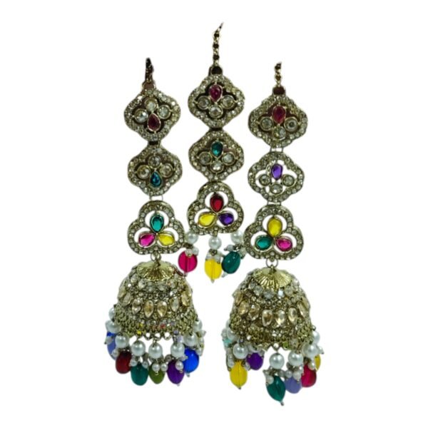 Elegant Kundan Jhumki with Designer Hair Chain and Matching Mangtika - Image 4