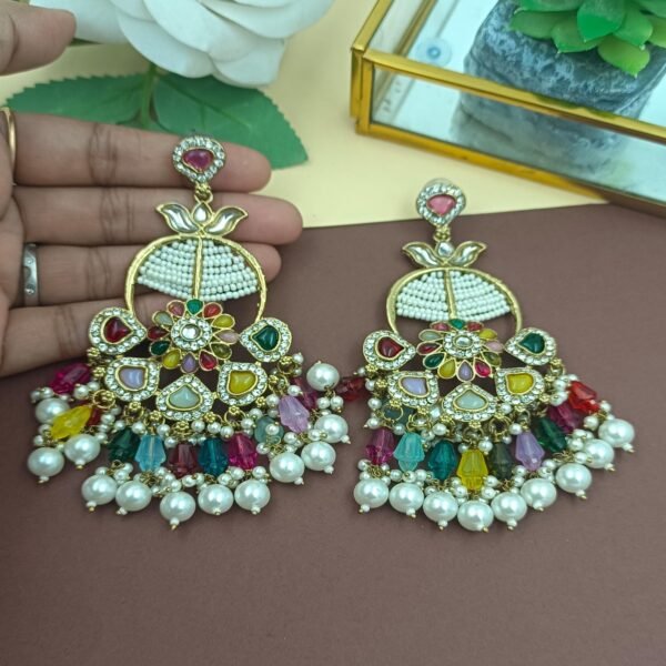 Elevate Your Look with Our Long Colorful Pearl Crystal Chandbali - Image 4