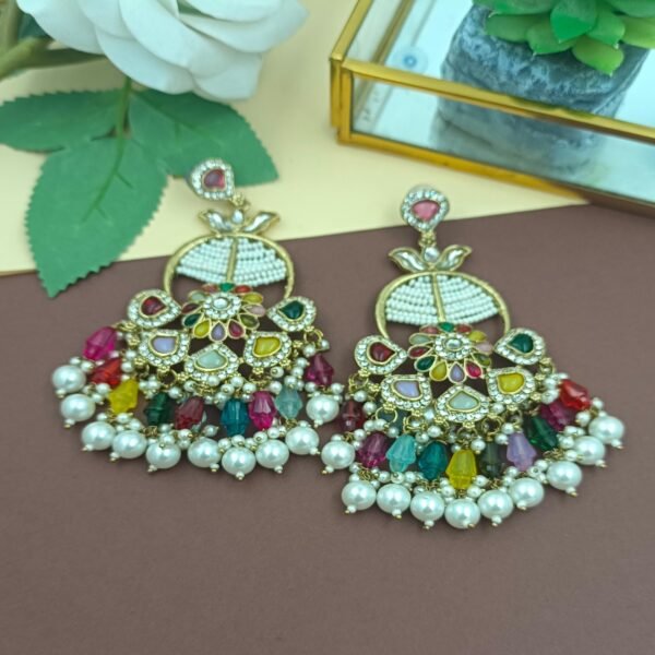 Elevate Your Look with Our Long Colorful Pearl Crystal Chandbali - Image 3