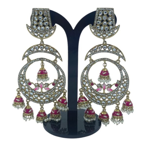 Exquisite Long Meenakari Mirror Kundan Crystal Chandbali with Jhumkis and Hair Chain - Image 6