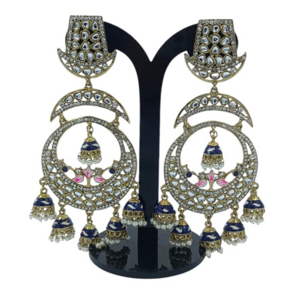 Exquisite Long Meenakari Mirror Kundan Crystal Chandbali with Jhumkis and Hair Chain - Image 2