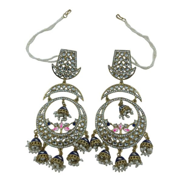 Exquisite Long Meenakari Mirror Kundan Crystal Chandbali with Jhumkis and Hair Chain - Image 5