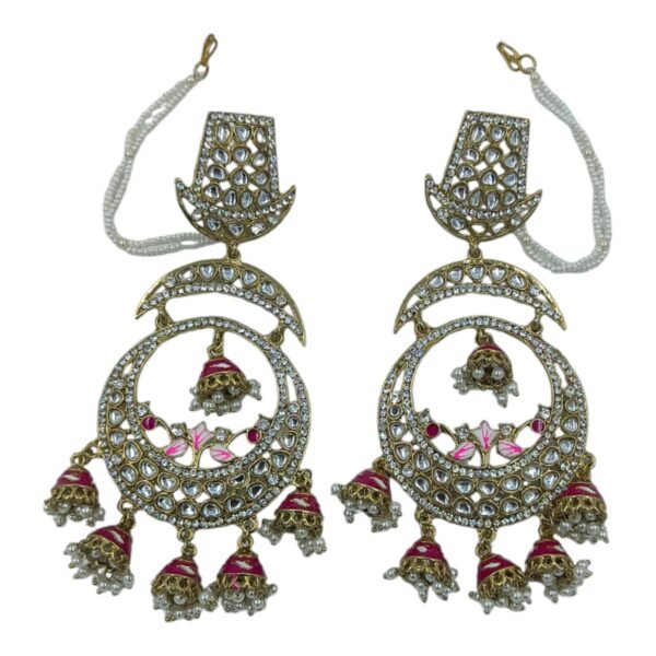 Exquisite Long Meenakari Mirror Kundan Crystal Chandbali with Jhumkis and Hair Chain - Image 8