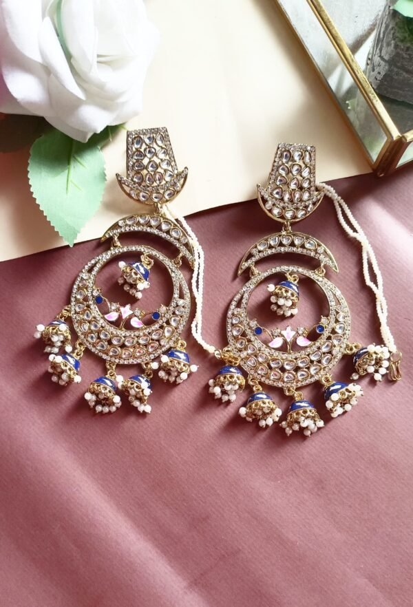 Exquisite Long Meenakari Mirror Kundan Crystal Chandbali with Jhumkis and Hair Chain - Image 4