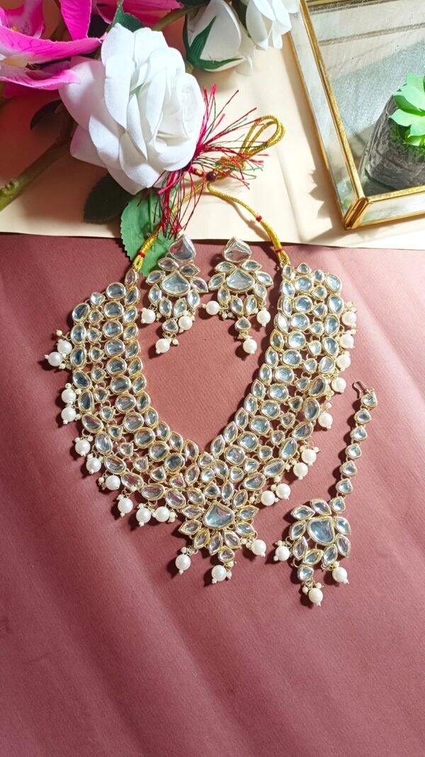 Elevate Your Elegance with Our Long Bridal Mirror Polki Layered Necklace Set - Image 2