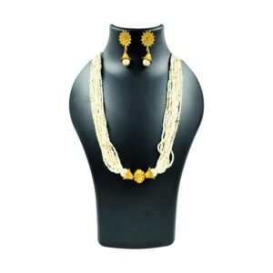 Elegant Long Brass Necklace with Multi-Strands of Pearls