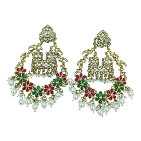 Regal Kundan Chandbali Earrings with Floral Accents & Pearl Drops - Image 3