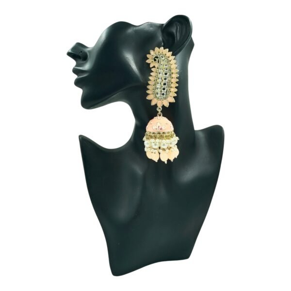 Elegant Pink Paisley Jhumka Earrings with Kundan & Pearl Embellishments - Image 5