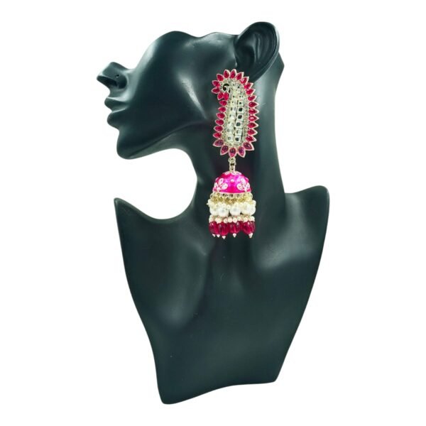 Elegant Pink Paisley Jhumka Earrings with Kundan & Pearl Embellishments - Image 2