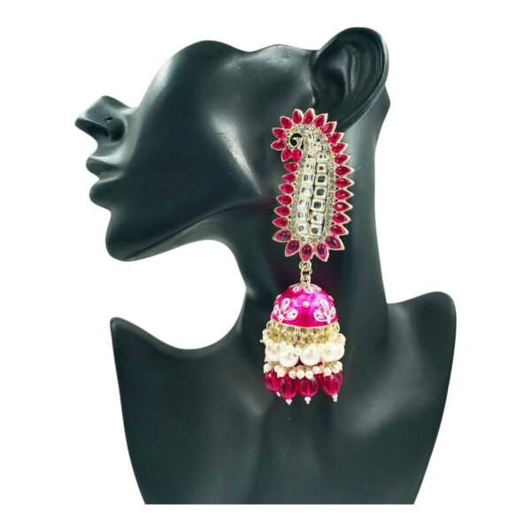 Elegant Pink Paisley Jhumka Earrings with Kundan & Pearl Embellishments