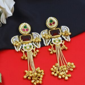 Beautiful Handmade Long Gold Plated Kashmiri Earring Embellished with Ghungroo