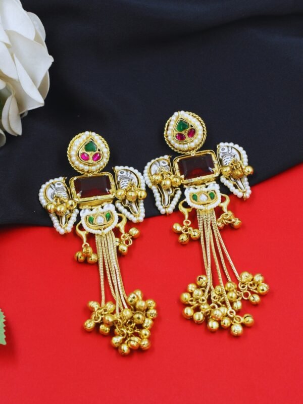 Beautiful Handmade Long Gold Plated Kashmiri Earring Embellished with Ghungroo