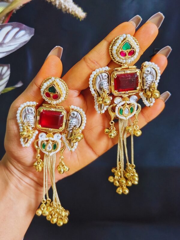 Beautiful Handmade Long Gold Plated Kashmiri Earring Embellished with Ghungroo - Image 2