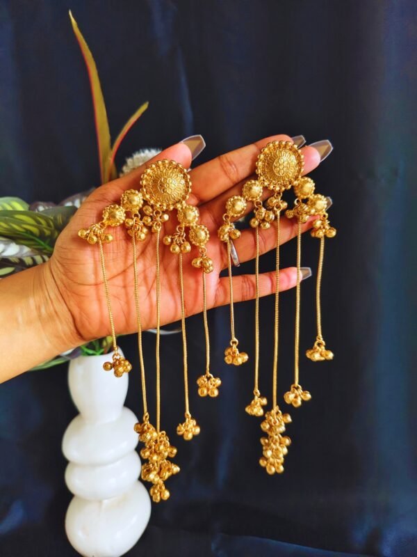 Beautiful Handmade Long Gold Plated Kashmiri Earring Embellished with Ghungroo - Image 3