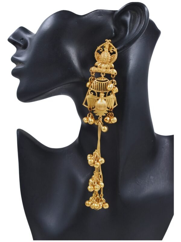 Beautiful Handmade Long Gold Plated Kashmiri Earring Embellished with Ghungroo - Image 4