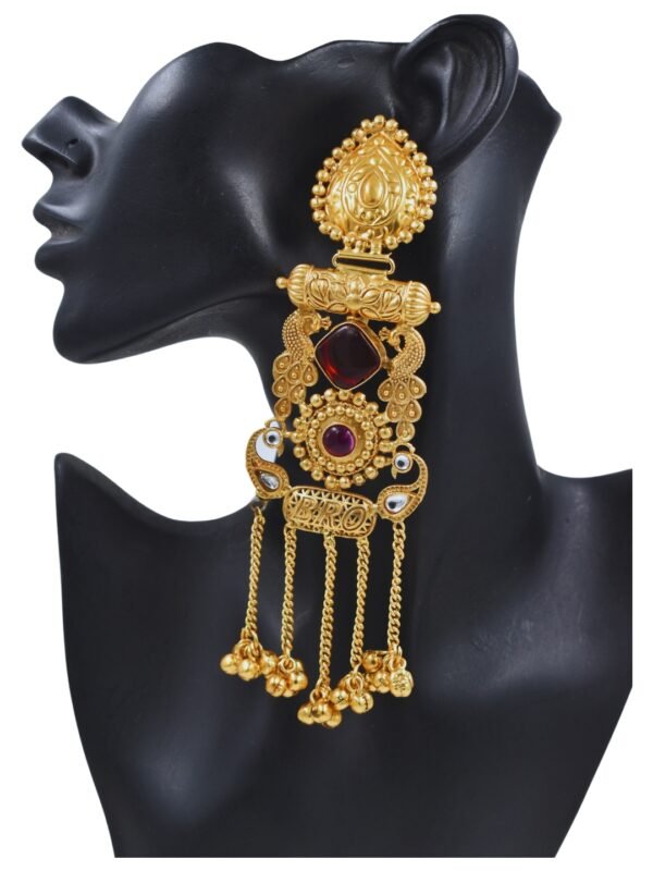 Beautiful Handmade Long Gold Plated Kashmiri Earring Embellished with Ghungroo - Image 5