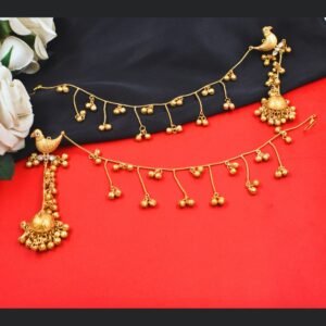 Beautiful Handmade Long Gold Plated Kashmiri Earring Embellished with Ghungroo and Hairchain