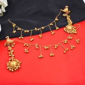 Beautiful Handmade Long Gold Plated Kashmiri Earring Embellished with Ghungroo and Hairchain