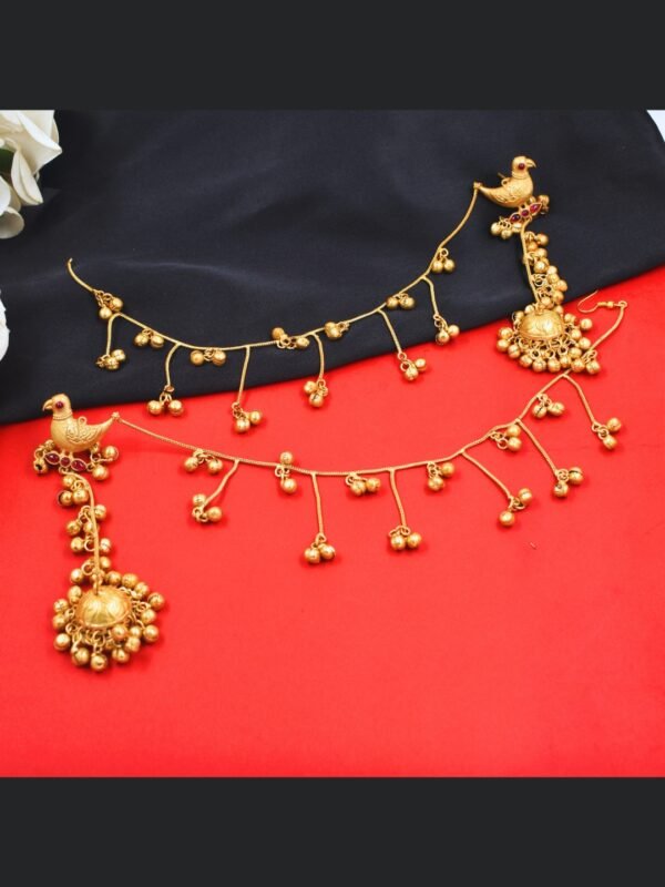 Beautiful Handmade Long Gold Plated Kashmiri Earring Embellished with Ghungroo and Hairchain