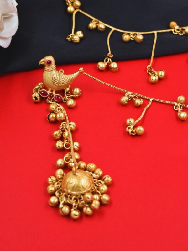 Beautiful Handmade Long Gold Plated Kashmiri Earring Embellished with Ghungroo and Hairchain - Image 5