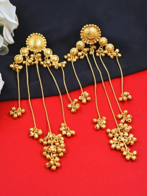 Beautiful Handmade Long Gold Plated Kashmiri Earring Embellished with Ghungroo - Image 2