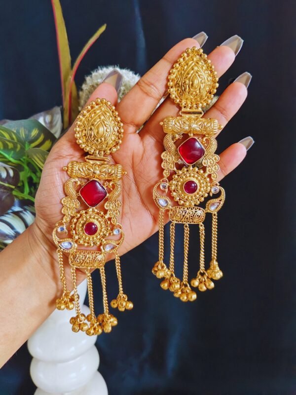 Beautiful Handmade Long Gold Plated Kashmiri Earring Embellished with Ghungroo - Image 3