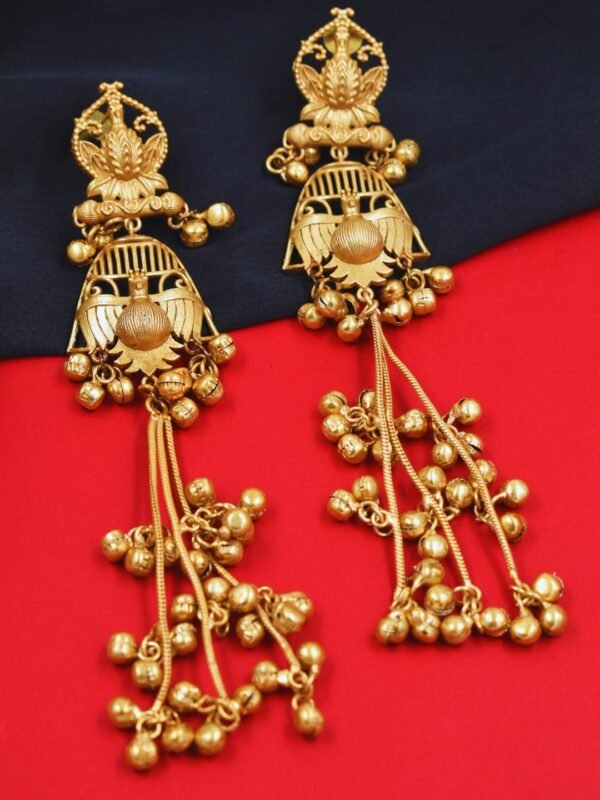 Beautiful Handmade Long Gold Plated Kashmiri Earring Embellished with Ghungroo - Image 2