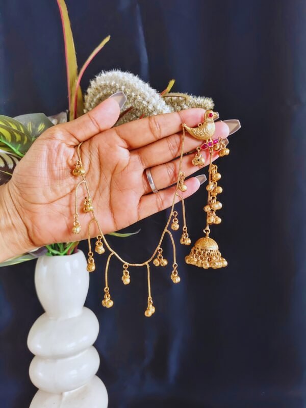 Beautiful Handmade Long Gold Plated Kashmiri Earring Embellished with Ghungroo and Hairchain - Image 2