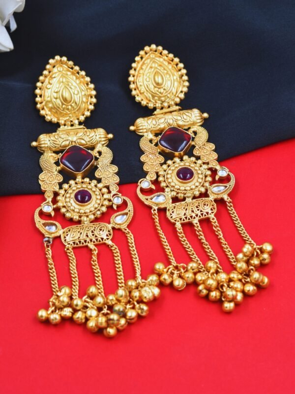 Beautiful Handmade Long Gold Plated Kashmiri Earring Embellished with Ghungroo - Image 2