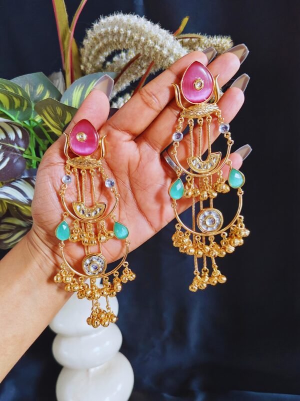 Beautiful Handmade Long Gold Plated Kashmiri Earring Embellished with Ghungroo - Image 3