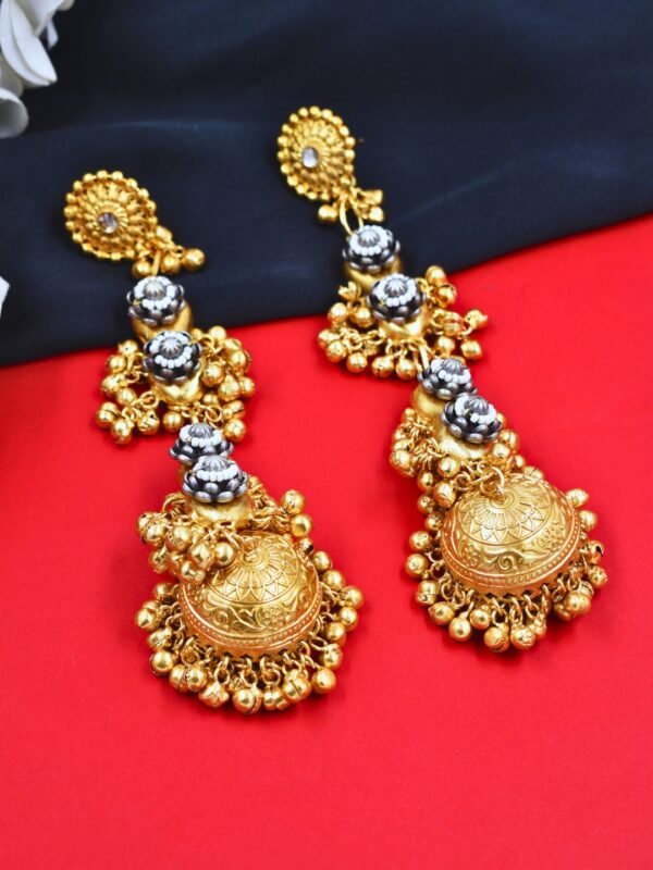Beautiful Handmade Long Gold Plated Kashmiri Earring Embellished with Ghungroo - Image 2